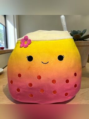 Plush Bubble Tea Squishmallow-Style Pillow in Yellow to Pink Ombre